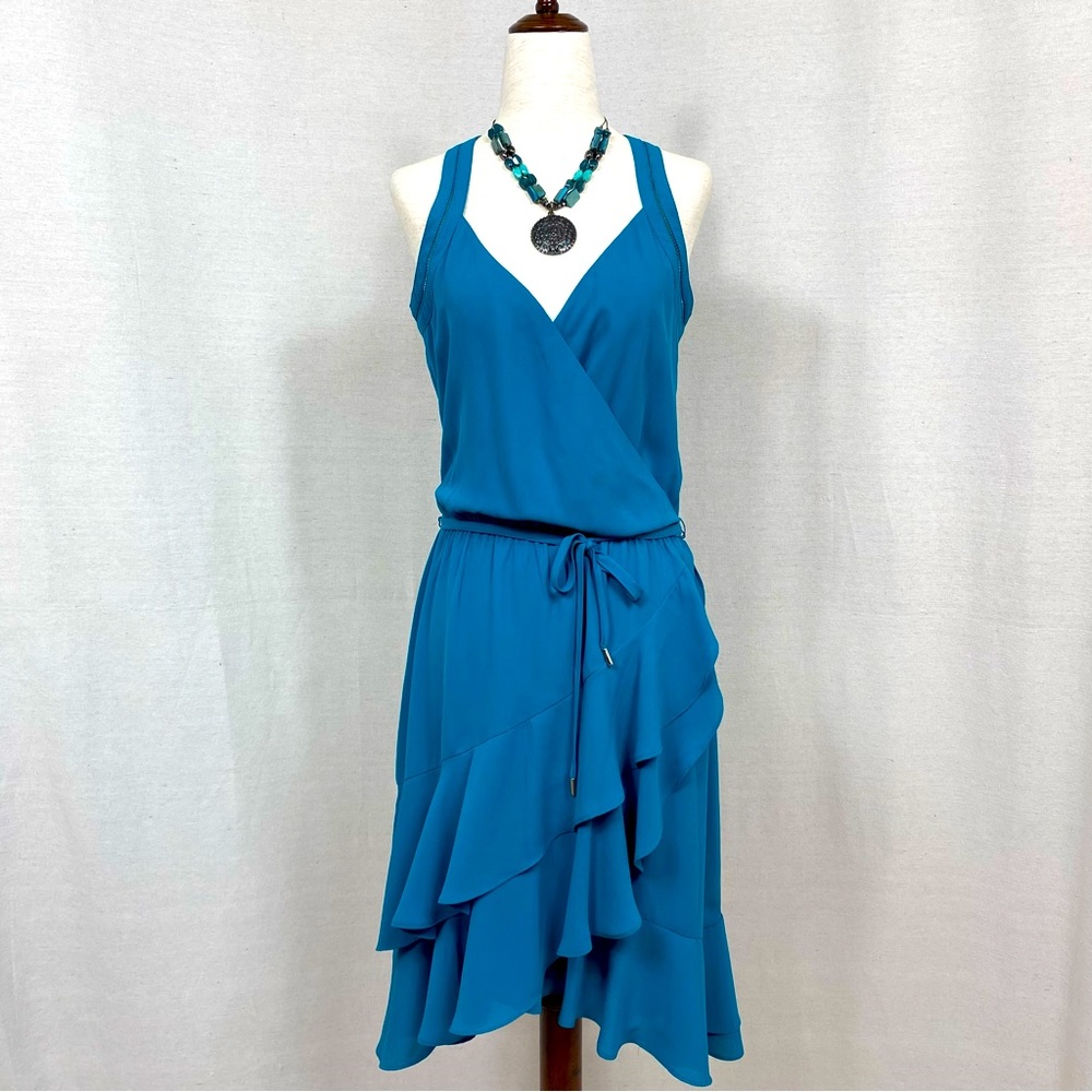WHBM Ruffle Asymmetrical Hem Sleeveless Emerald Dress